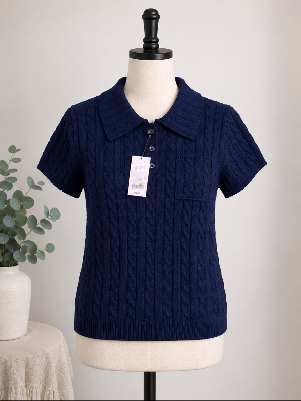 L.L. Bean Navy Cable-Knit Short Sleeve Polo Sweater